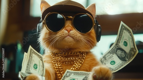 A cool ginger cat wearing a fedora, sunglasses, and a gold chain, with dollar bills around it. photo