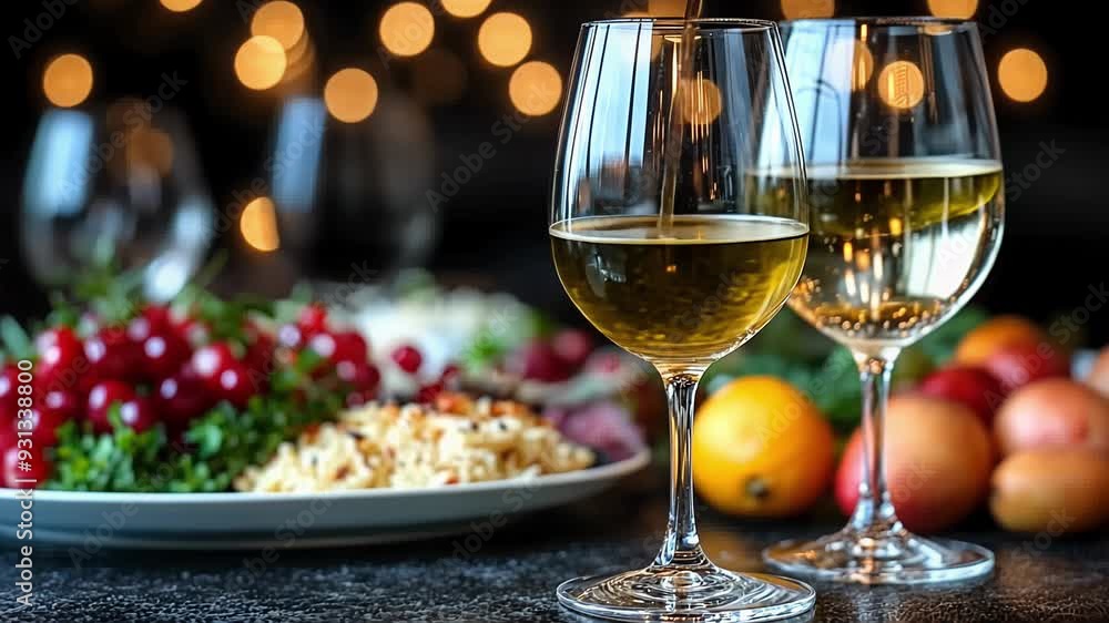 A beautifully arranged table with sparkling wine, fresh fruit, and a vibrant dish creates a warm and inviting dinner atmosphere. A beautifully arranged table with sparkling wine, fresh fruit, and a vibrant dish creates a warm and inviting dinner atmosphere.