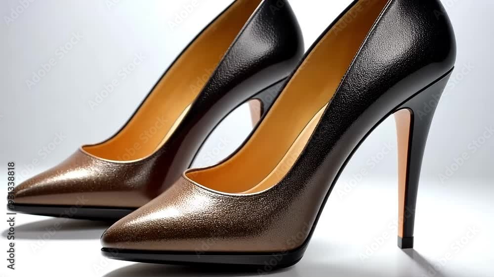 A pair of black and gold high heels on white background, symbolize fashion and style. A pair of black and gold high heels on white background, symbolize fashion and style.