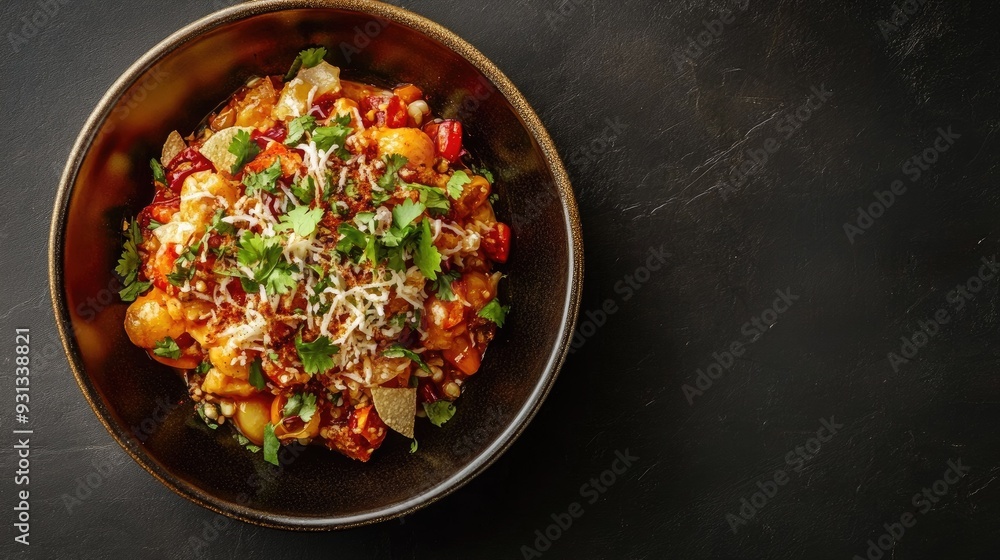 A serving of sweet and tangy papri chaat with ample space on the side for copy A serving of sweet and tangy papri chaat with ample space on the side for copy