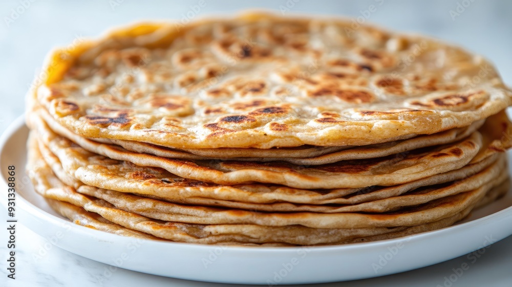 A stack of buttery parathas placed on a white plate, with ample space above for text A stack of buttery parathas placed on a white plate, with ample space above for text