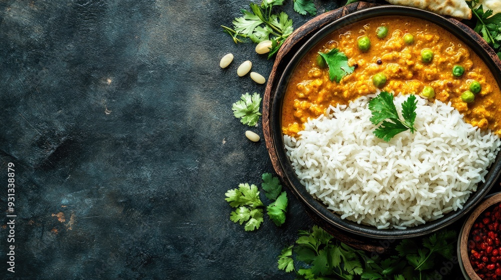 A traditional Bengali dish, doi maach, served with rice and space on the side for copy A traditional Bengali dish, doi maach, served with rice and space on the side for copy
