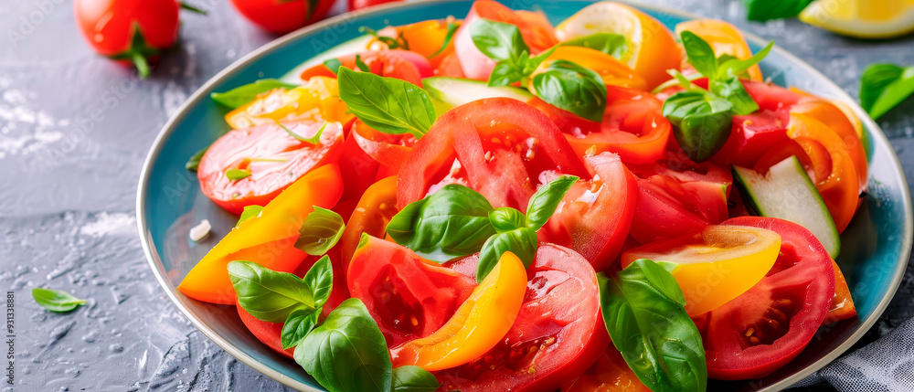 Fresh and healthy food concept. Fresh tomato salad and seasonal ingredients Fresh and healthy food concept. Fresh tomato salad and seasonal ingredients