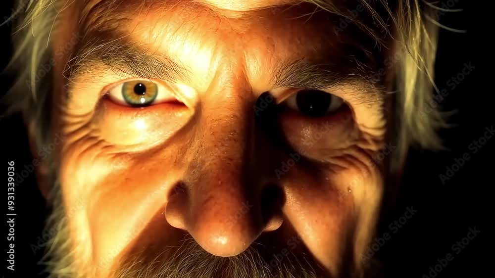 Close up, of a man with a gold filter illuminating half his face, creating a dramatic light and shadow effect. Close up, of a man with a gold filter illuminating half his face, creating a dramatic light and shadow effect.