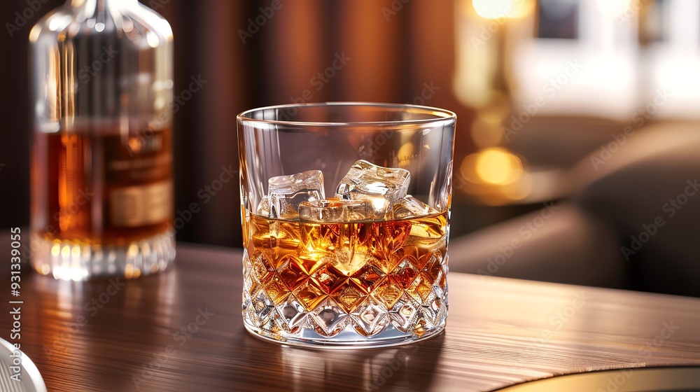 Crystal glass with whiskey and ice cubes on a wooden table, bottle in the background, cozy evening setting with soft lighting. Crystal glass with whiskey and ice cubes on a wooden table, bottle in the background, cozy evening setting with soft lighting.