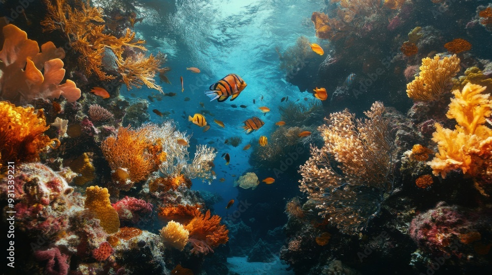 Naklejka premium Underwater scene with colorful coral reefs and diverse fish.