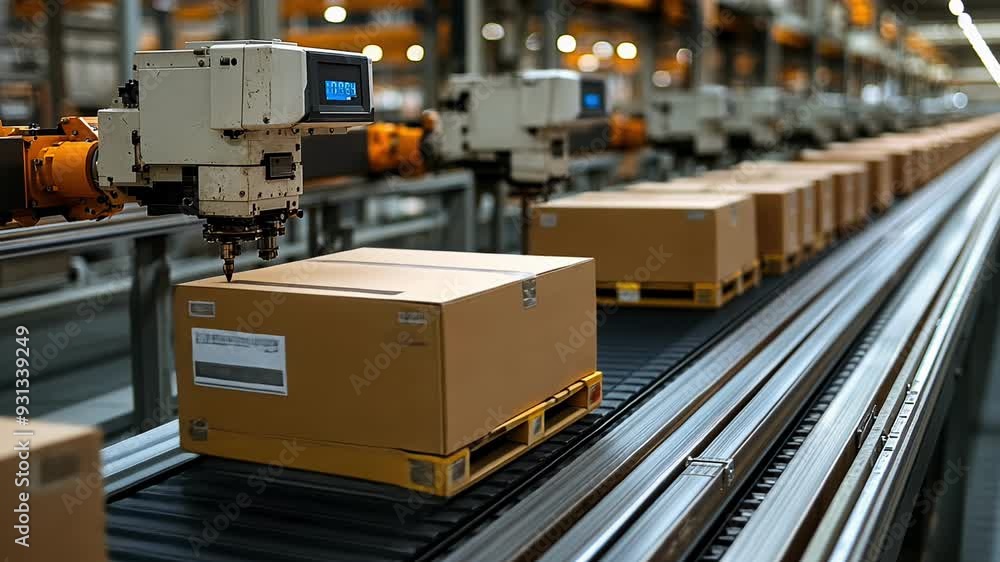 Robotic machinery sorts and moves cardboard boxes along a conveyor belt in a busy warehouse setting. Robotic machinery sorts and moves cardboard boxes along a conveyor belt in a busy warehouse setting.