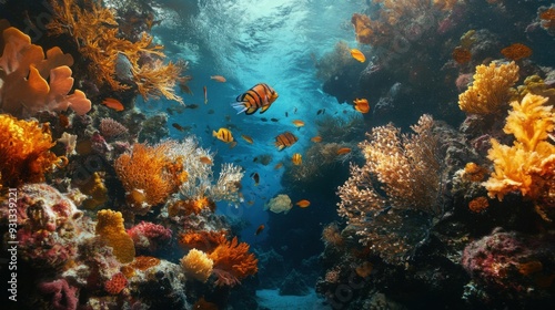 Underwater scene with colorful coral reefs and diverse fish.