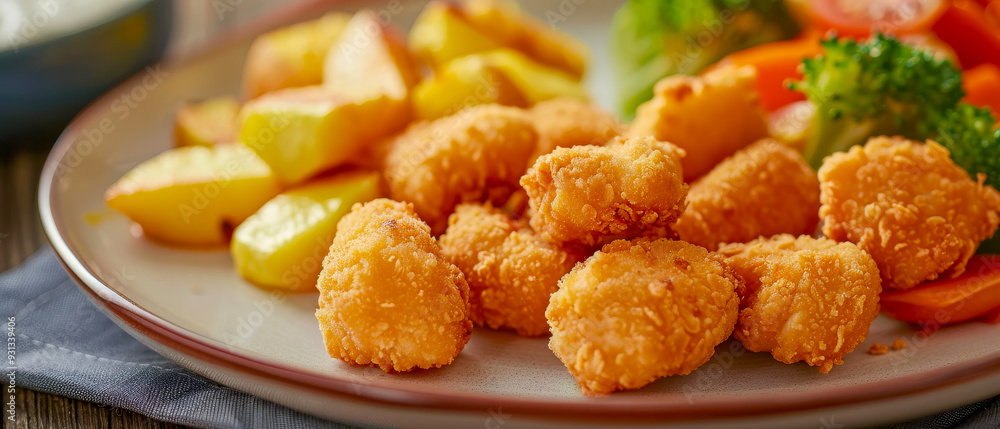 A close up plate of fried crispy chicken and fresh vegetables on table A close up plate of fried crispy chicken and fresh vegetables on table
