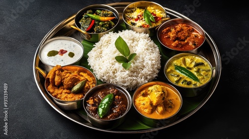 A traditional South Indian thali with various dishes, leaving space on top for copy