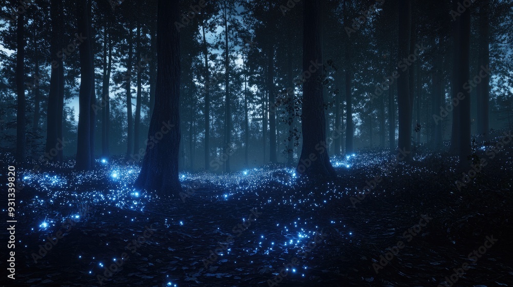 Fototapeta premium A dark forest at night with glowing blue fireflies on the ground.