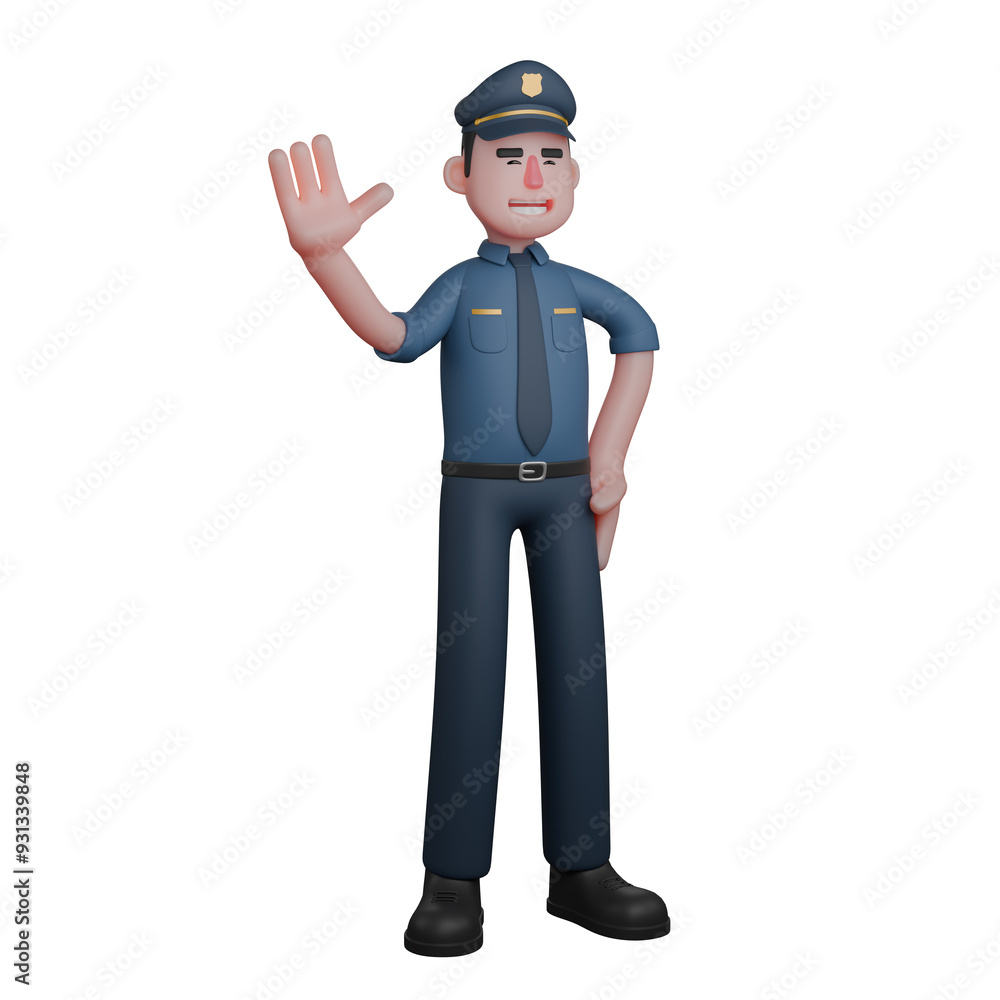 Cartoon Style Police Officer. A police officer waving his right hand near a smiling face. 3D Man Cartoon Style Police Officer. A police officer waving his right hand near a smiling face. 3D Man