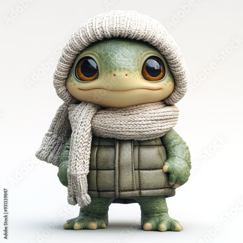 Cute Happy Turtle or Tortoise Isolated on White Background Wearing Cold Weather or Winter Outfit. Cartoon Character - Mascot