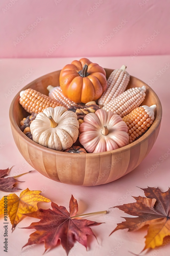 Rustic Wooden Bowl with Dried Corn, Pumpkins, and Gourds on Light Background, Copy Space Rustic Wooden Bowl with Dried Corn, Pumpkins, and Gourds on Light Background, Copy Space
