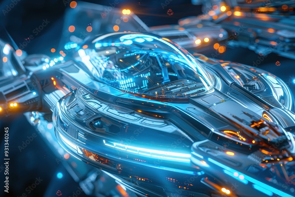 A holographic spaceship, with sleek lines and glowing, transparent surfaces.
