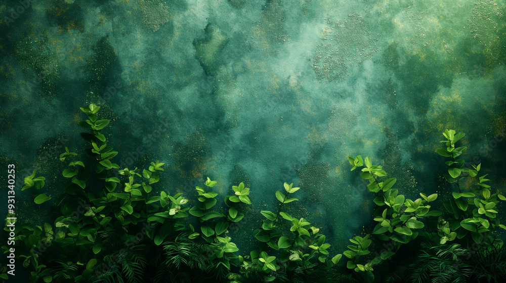 Fototapeta premium Lush green foliage on green wall background, relaxation and creativity atmosphere. Generative AI