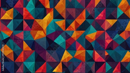 Vibrant Overlapping Triangles in Rich Blues, Pinks, and Oranges.