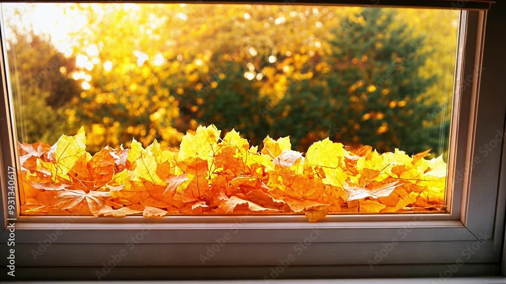 Golden autumn leaves fill the window frame, illuminated by warm sunlight in a serene outdoor landscape. Golden autumn leaves fill the window frame, illuminated by warm sunlight in a serene outdoor landscape.