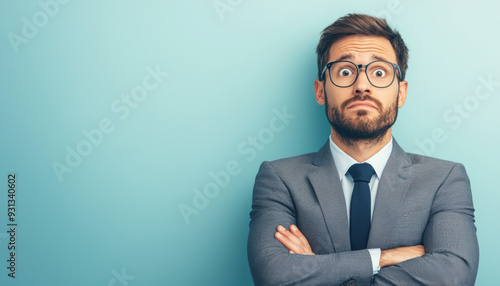Businessman with confused expression, wide eyes and crossed arms, wearing glasses and suit, standing against a blue background.