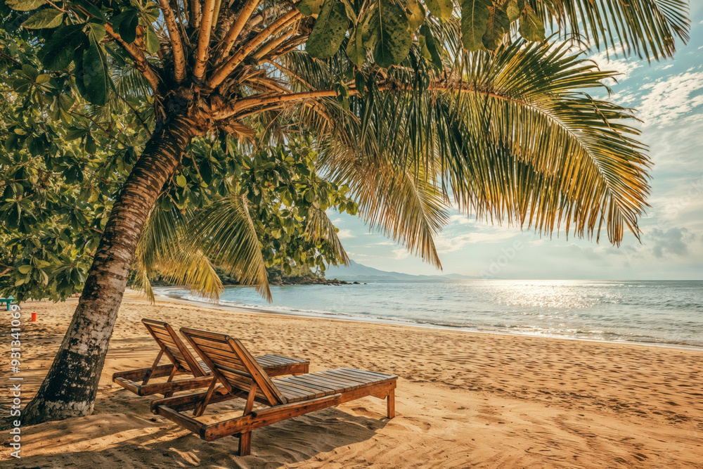 Palm tree casting shadow on empty beach chairs on beach. High quality photo Palm tree casting shadow on empty beach chairs on beach. High quality photo