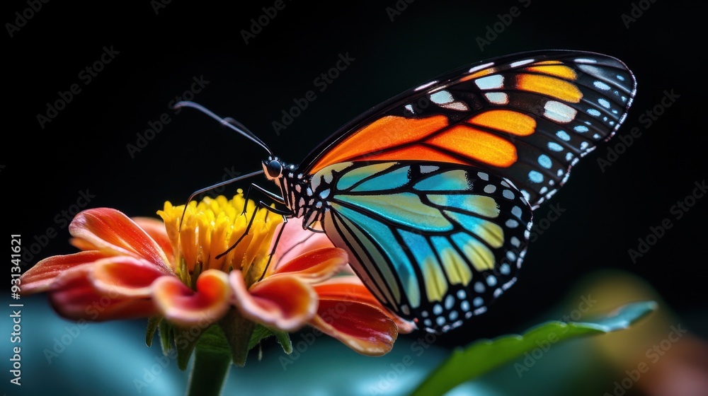 Fototapeta premium A vibrant butterfly perched on a colorful flower.