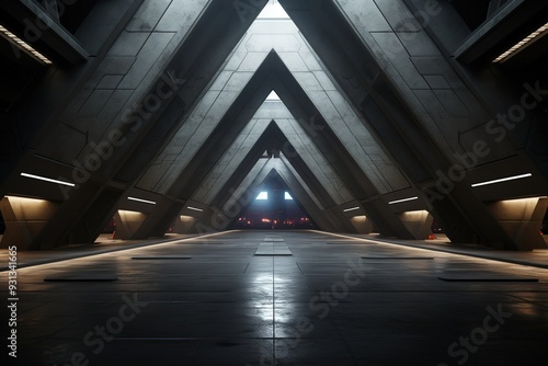 Futuristic concrete hallway with a triangular ceiling and bright lights.