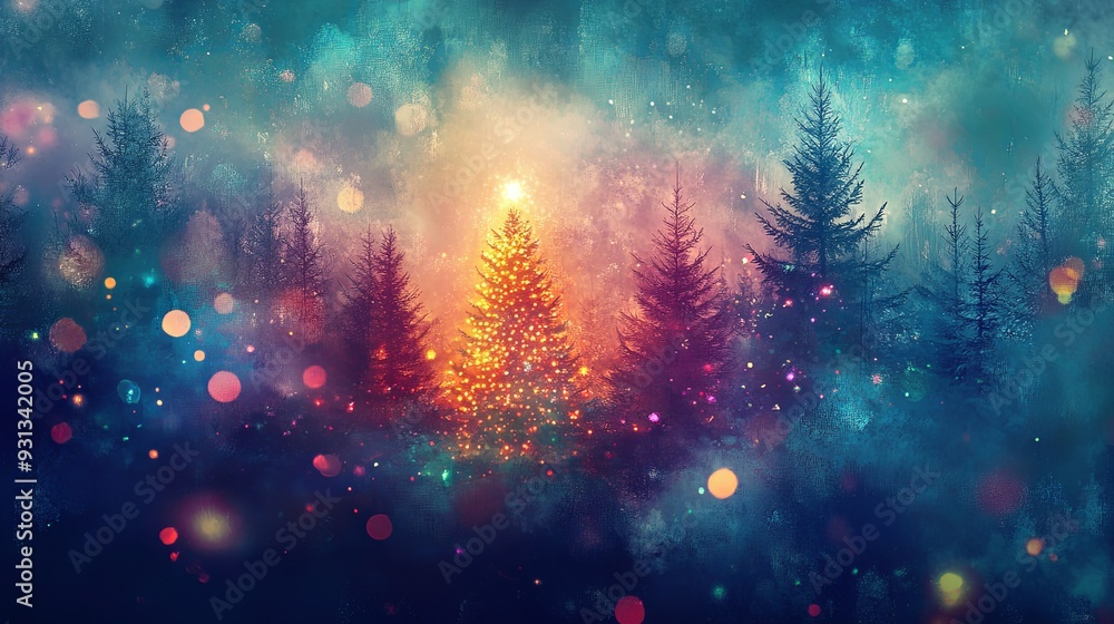 A Christmas tree is lit up in a forest with a blue sky background A Christmas tree is lit up in a forest with a blue sky background