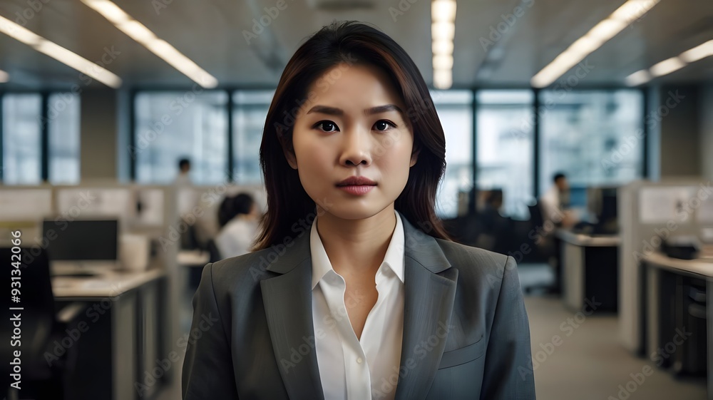 The businesswoman stands confidently in her office, surrounded by colleagues at desks, focused on her professional responsibilities. Generative AI