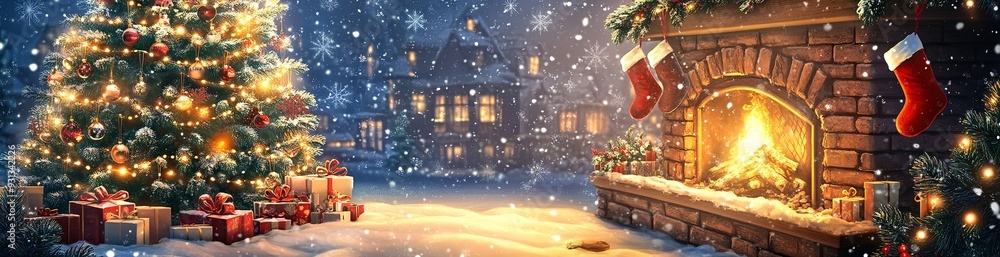 A Christmas scene with a fireplace and a tree A Christmas scene with a fireplace and a tree