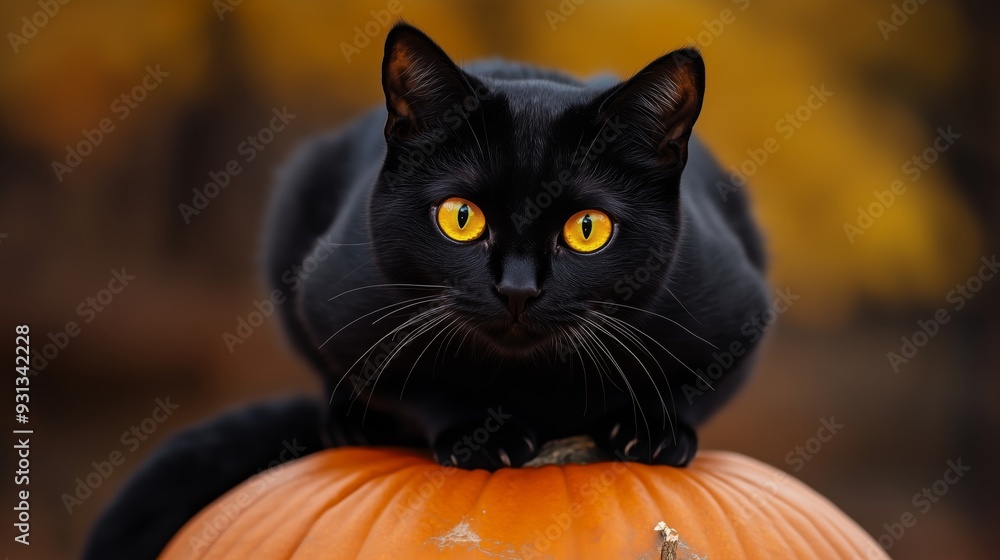 Black cat with yellow eyes next to a carved pumpkin, Halloween background. Black cat with yellow eyes next to a carved pumpkin, Halloween background.
