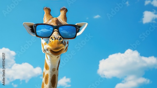 A giraffe wearing sunglasses looks up at the sky with a big smile.
