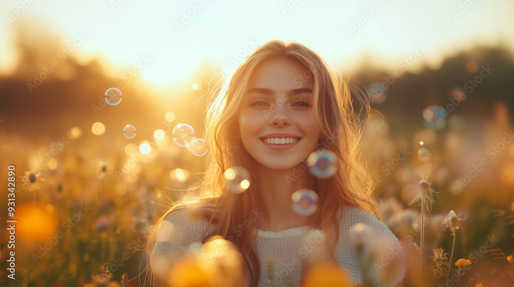 A joyful woman stands in a field of wildflowers, smiling as she blows sparkling soap bubbles in the golden hour light.

