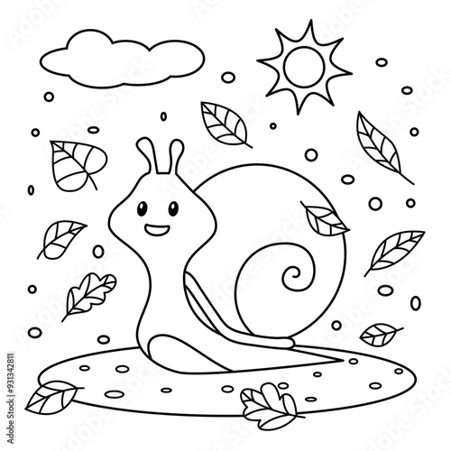 Hand drawn cute kawaii snail kids coloring book illustration. Vector coloring page design.