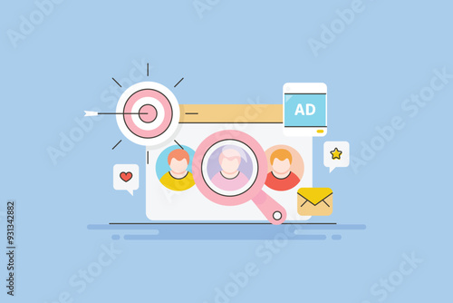Customer research and targeting online audience with digital advertising campaign. Business technology intelligent marketing strategy vector illustration concept.