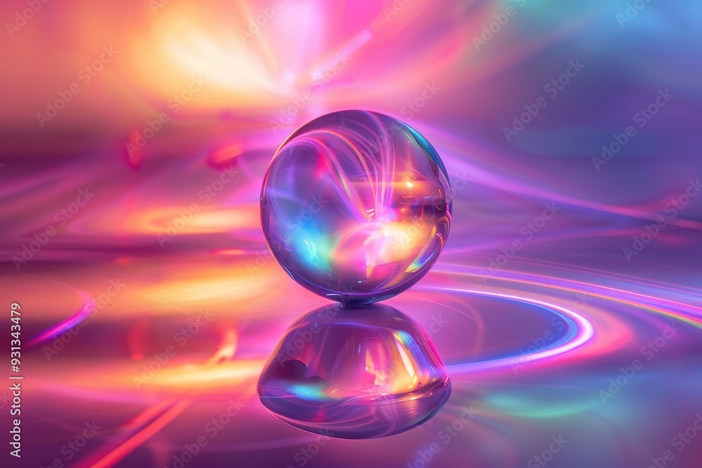 A holographic sphere with swirling neon colors, floating above a reflective surface, casting soft light around A holographic sphere with swirling neon colors, floating above a reflective surface, casting soft light around