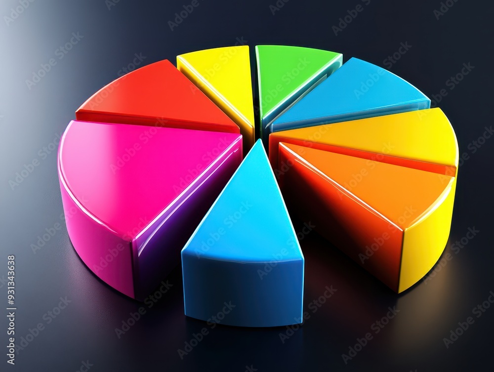 Obraz premium Stylized pie chart with sections illustrating different consumer segments, Holographic Effects, 3D Art, High Contrast