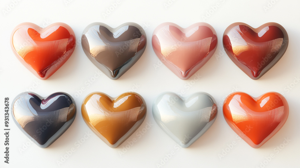 Colorful heart-shaped chocolates arranged in two rows on a light background Colorful heart-shaped chocolates arranged in two rows on a light background