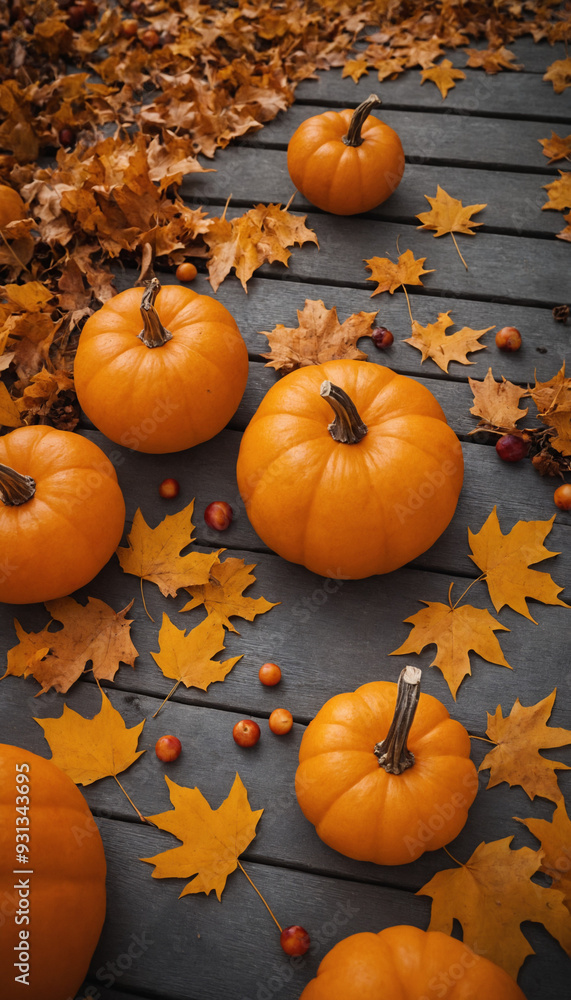 Vertical, pumpkins and autumn leaves Vertical, pumpkins and autumn leaves