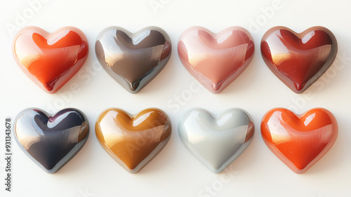 Colorful heart-shaped chocolates arranged in two rows on a light background