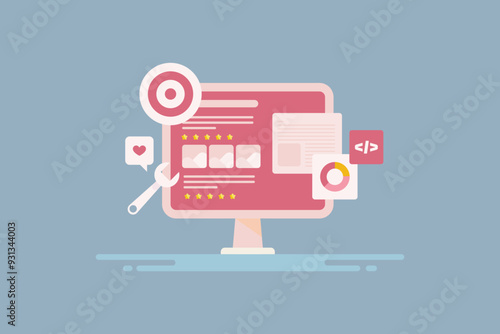 Website ranking development on search engine, target keyword analysis, meta data code optimization using SEO software tool, conceptual vector illustration.