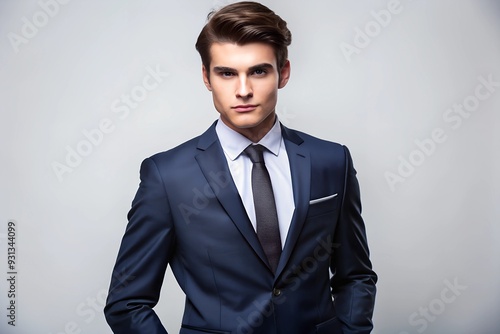 Stylish young man in suit and tie on white