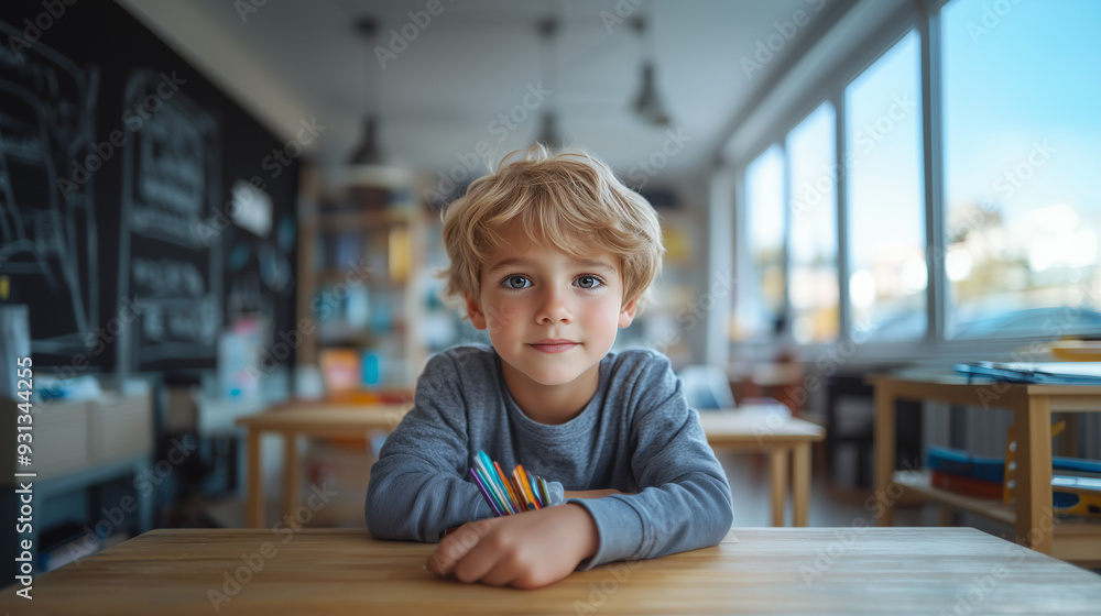 A schoolboy with short blond hair arranges new school supplies at his desk in a clean, bright classroom. The room has light furniture, large windows, and a minimalist design.
A schoolboy with short blond hair arranges new school supplies at his desk in a clean, bright classroom. The room has light furniture, large windows, and a minimalist design.