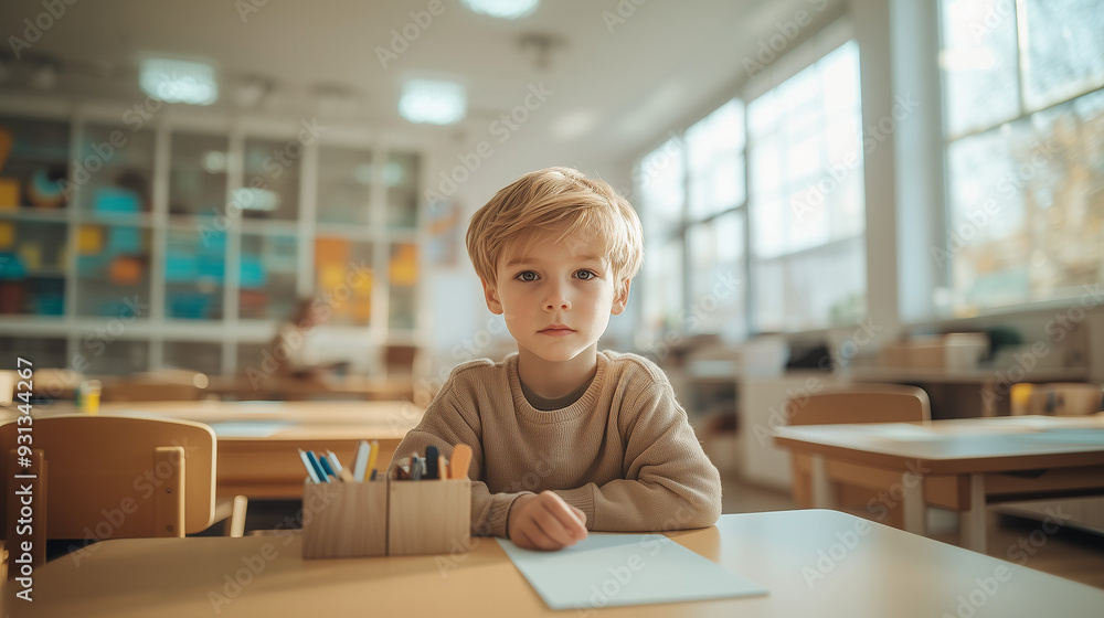 In a clean, minimalist classroom, a boy with short blond hair organizes new supplies at his desk, focused. The space features light furniture and large windows for natural light.
In a clean, minimalist classroom, a boy with short blond hair organizes new supplies at his desk, focused. The space features light furniture and large windows for natural light.