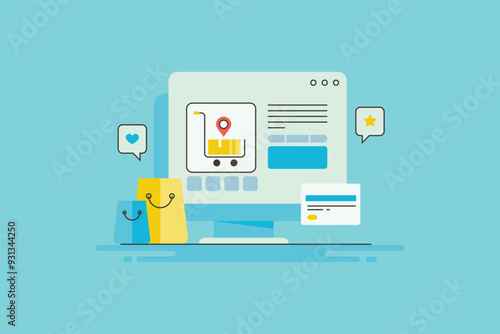 Digital store on laptop screen, ecommerce web UI for better customer experience and instant checkout with secure bank transaction, online shopping filled outline vector illustration.