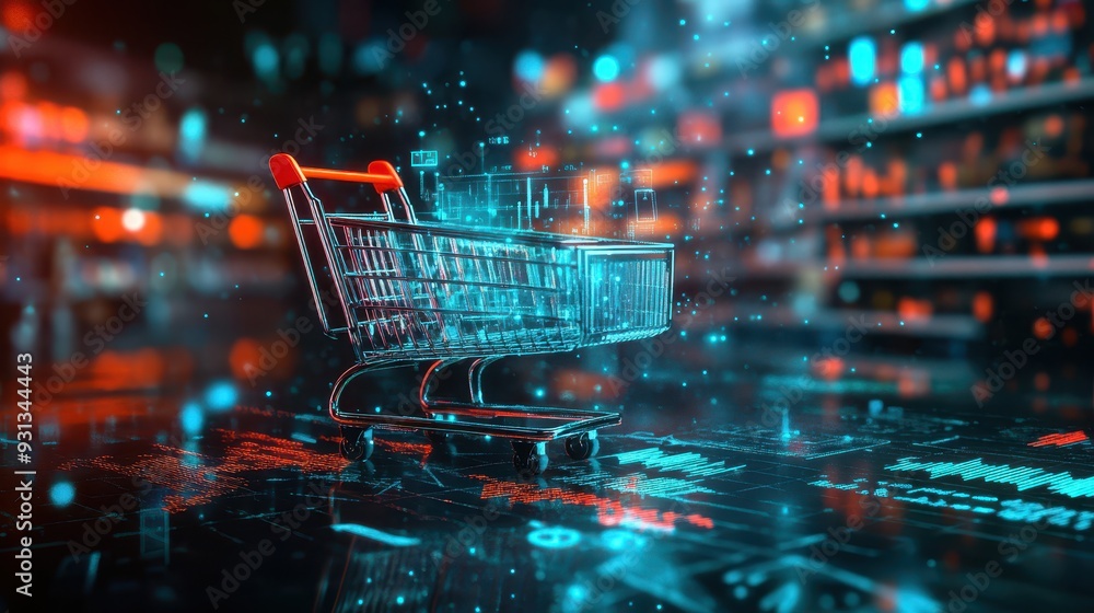 Futuristic shopping cart filled with data symbols and graphs, representing consumer spending habits, Glowing Effects, Surrealism, Vivid Colors Futuristic shopping cart filled with data symbols and graphs, representing consumer spending habits, Glowing Effects, Surrealism, Vivid Colors