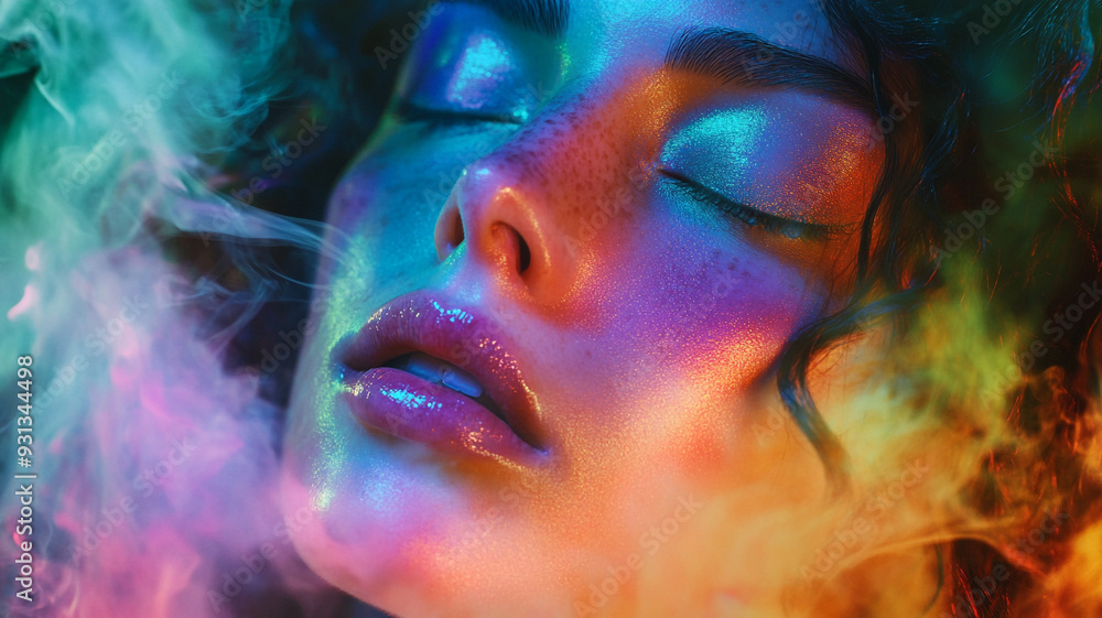 Brightly lit portrait of a model with shimmering skin and colorful smoke effects in a studio setting at night Brightly lit portrait of a model with shimmering skin and colorful smoke effects in a studio setting at night