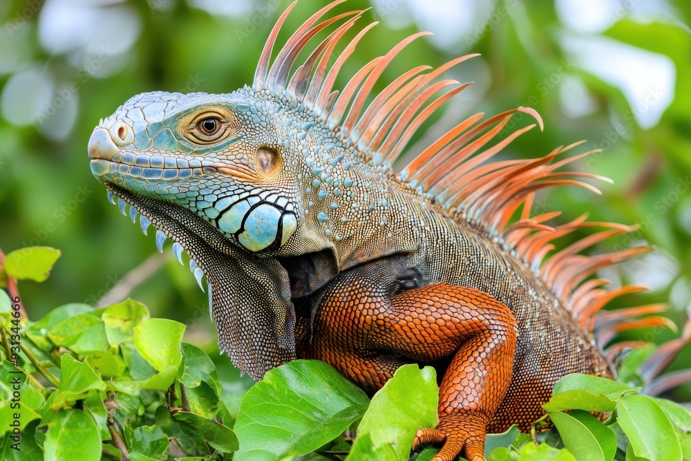 Fototapeta premium Colorful iguana perched in lush greenery