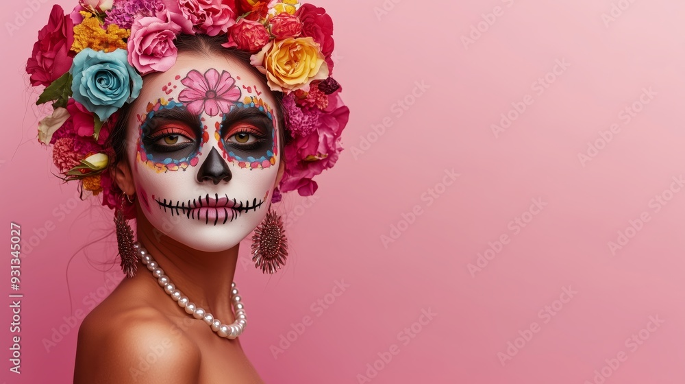A Mexican woman wearing colorful Day of the Dead makeup on her face on a pink background. A Mexican woman wearing colorful Day of the Dead makeup on her face on a pink background.
