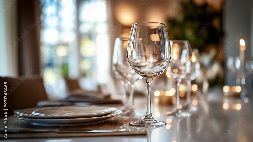 Elegant crystal wine glasses on a polished dining table, with a sophisticated dining room setting in the background, conveying luxury and refinement.
Elegant crystal wine glasses on a polished dining table, with a sophisticated dining room setting in the background, conveying luxury and refinement.