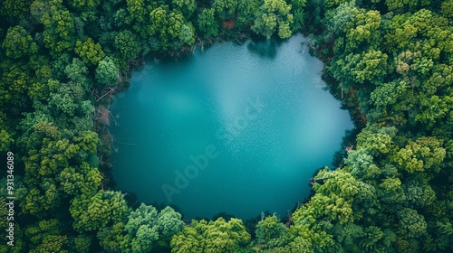 Aerial view of a serene turquoise lake surrounded by dense green forest, showcasing the beauty of nature in a vibrant natural setting.